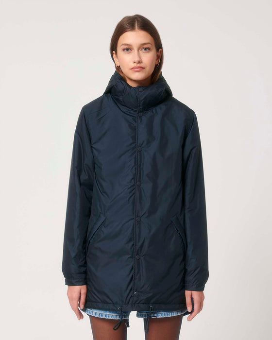 Stanley/Stella SX204 unisex padded parka jacket in French Navy, close-up on model
