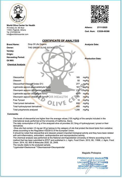 Drop of Life Organic High Phenolic EVOO 500ml 1256mg  Polyphenols 2026