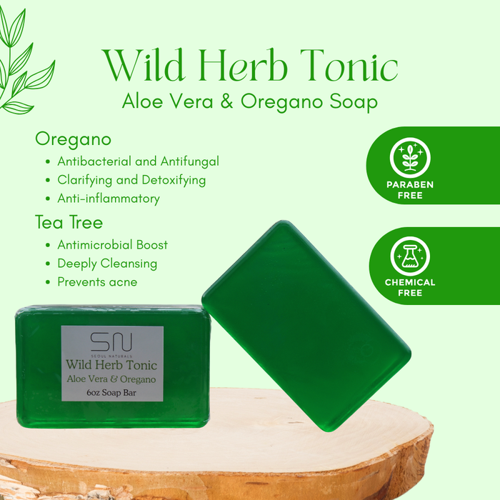 Seoul Naturals WIld Herb Tonic Aloe Vera with Oregano and Tea Tree Oil Soap, 6oz. Antibacterial and Antifungal.