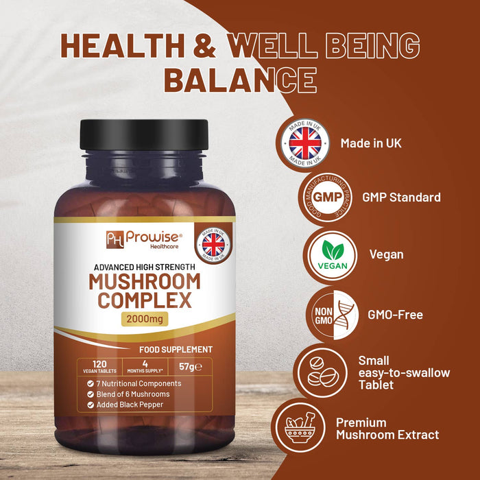 Prowise Advanced Mushroom Complex | 6 Mushroom Blend | 120 Vegan Tablets