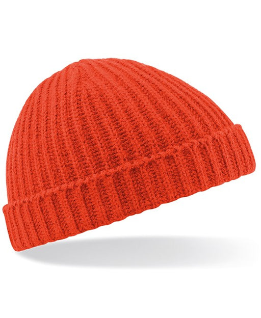 Classic red trawler beanie, retro ribbed knit hat with shallow crown