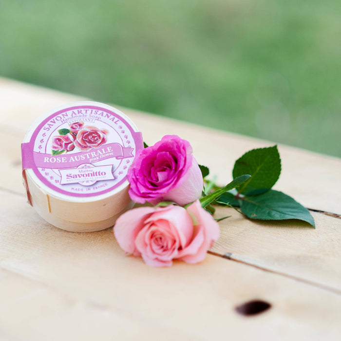 Savonitto Rose Exfoliating Soap in Wooden Box 100g made in Provence