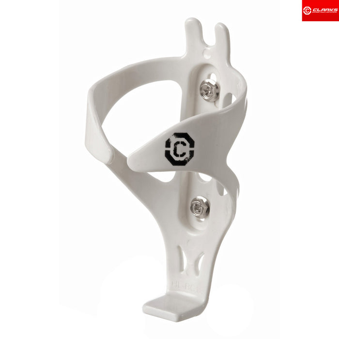 Clarks BC-18 polycarbonate bottle cage in White, shown with mounting bolts fitted