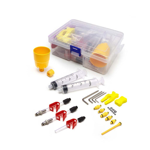 Clarks Shimano compatible hydraulic brake bleed kit with syringes, funnel, bleed adapters and hex keys in a storage case