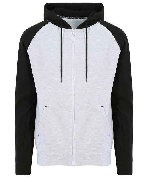 AWDis JH063 Baseball zip-through zoodie in Heather Grey with Jet Black sleeves and hood