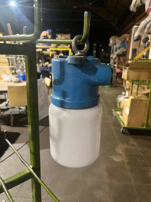 Salvaged Sho-Densha Marine Pendant Light – Blue Cast Iron with Milky Glass Shade