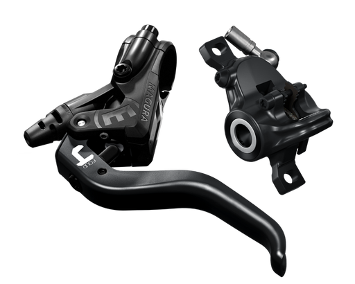 Magura MT4 hydraulic disc brake in black — lever and calliper, three-quarter view