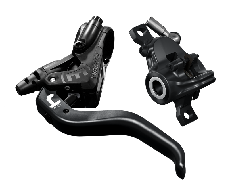 Magura MT4 hydraulic disc brake in black — lever and calliper, three-quarter view