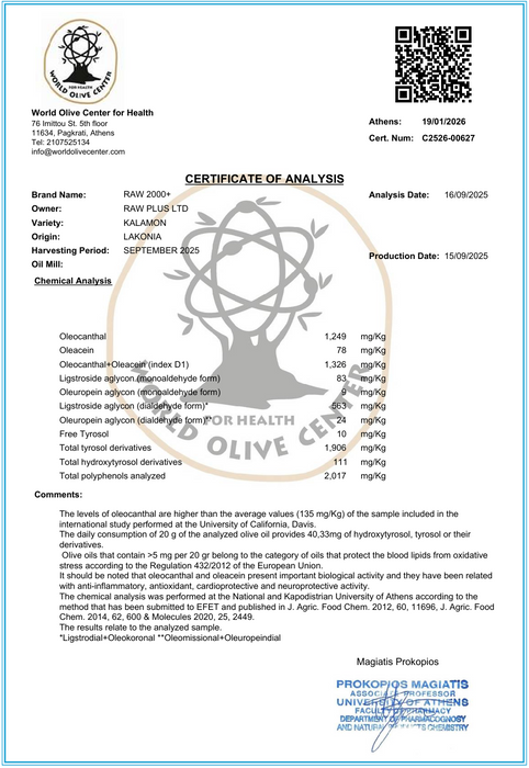 RAW+ ELITE 2000+ | Highest Potency High Phenolic Extra Virgin Olive Oil | 2017 mg/kg