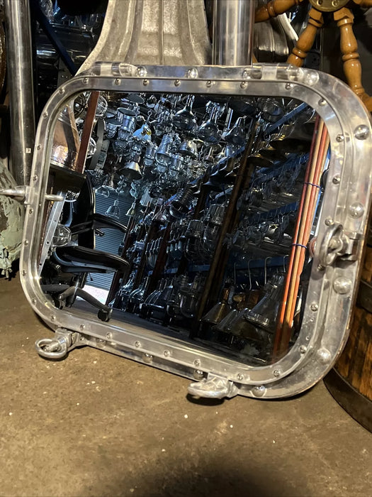 Aluminum Porthole Mirror With 4 Dogs/keys Opening Backed With Wood
