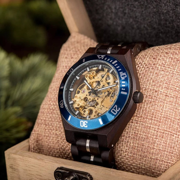 BOBO BIRD Skeleton Mechanical Wooden Watch Ebony Blue – Tureis GT102-1A