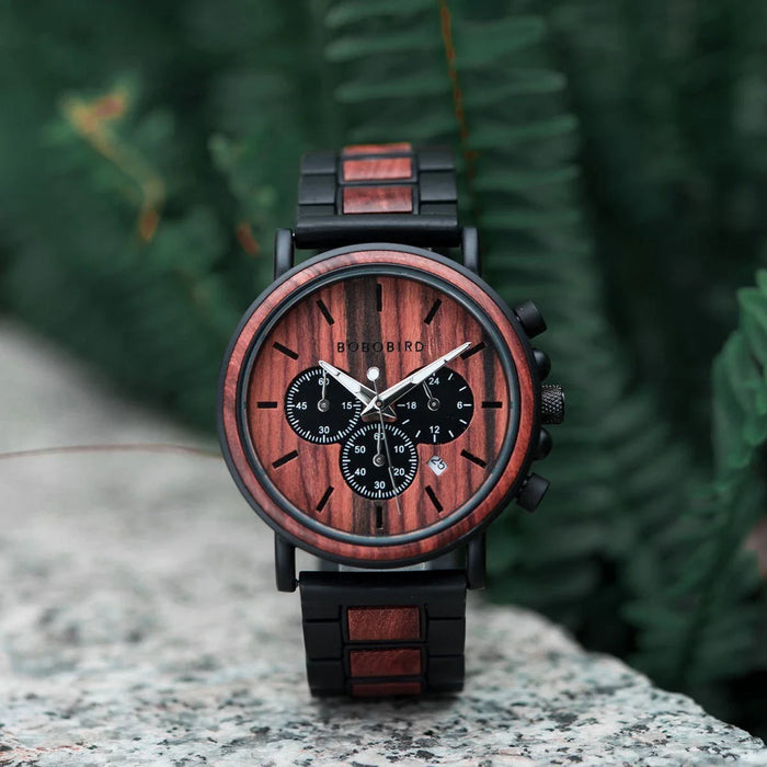 BOBO BIRD Wooden Watch Mes Multifunction Chronograph Watch Red Sandalwood GT009-3A