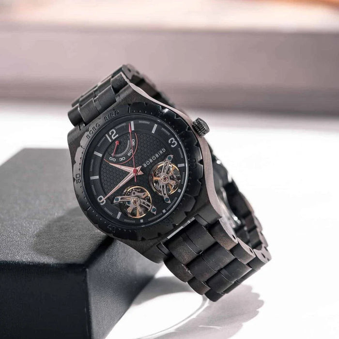 BoBoBird Handmade Mens Gemini Automatic Movement Black Sandalwood GT018-1A