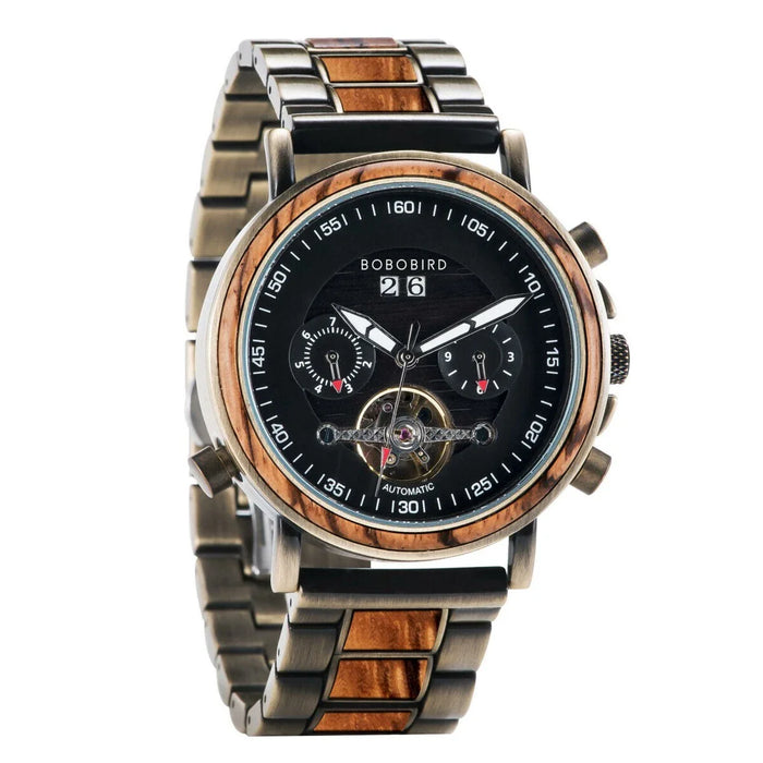 BOBO BIRD Men’s Mechanical Wooden Watches Zebrawood – Aviator GT038-2A
