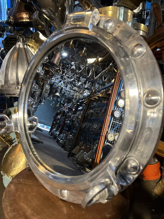 Mirrored Ships Porthole 53cm Wide With 2 Dog/keys Backed With Wooden Plinth