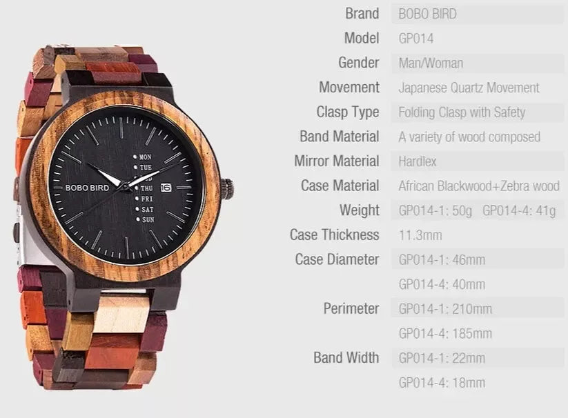 Bobo Bird GP014-1A Wood Watch with Quartz Movement and Wooden Strap