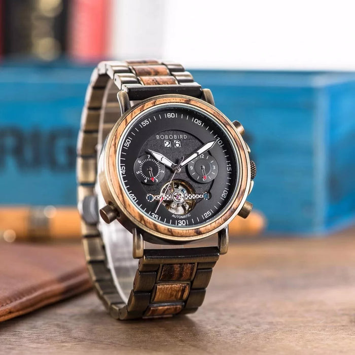 BoBo Bird Men’s Mechanical Wooden Watches Zebrawood – Aviator GT037-2A