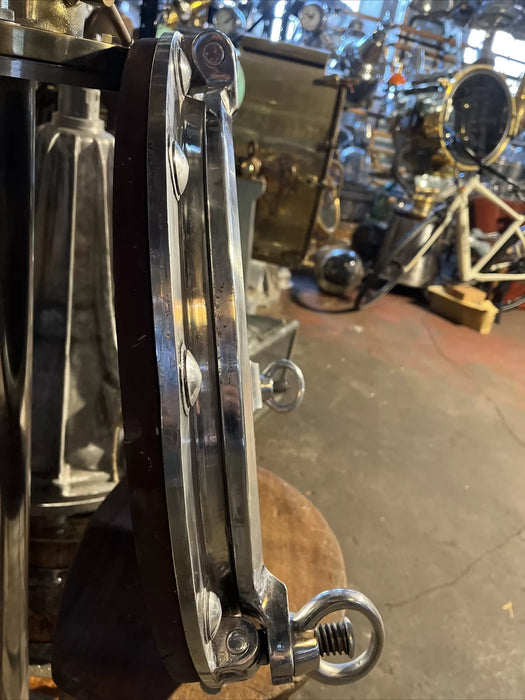 Mirrored Ships Porthole 53cm Wide With 2 Dog/keys Backed With Wooden Plinth