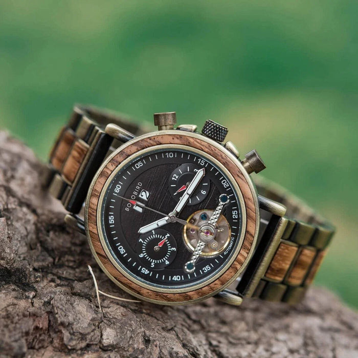 BOBO BIRD Men’s Mechanical Wooden Watches Zebrawood – Aviator GT038-2A