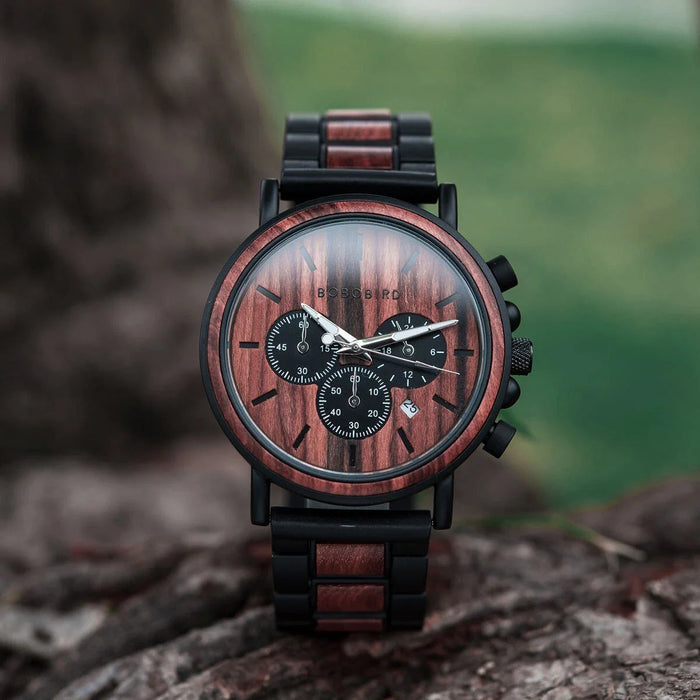 BOBO BIRD Wooden Watch Mes Multifunction Chronograph Watch Red Sandalwood GT009-3A