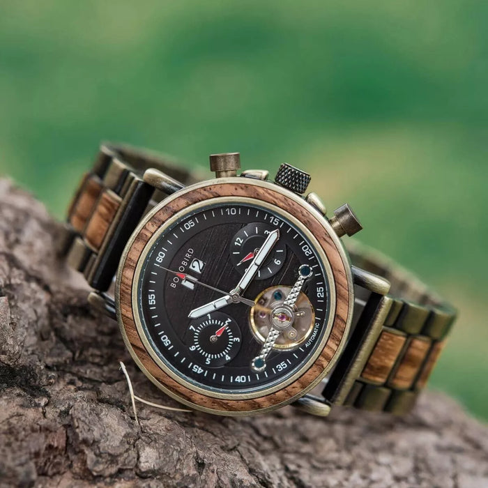 BoBo Bird Men’s Mechanical Wooden Watches Zebrawood – Aviator GT037-2A