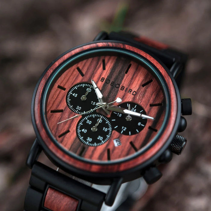 BOBO BIRD Wooden Watch Mes Multifunction Chronograph Watch Red Sandalwood GT009-3A