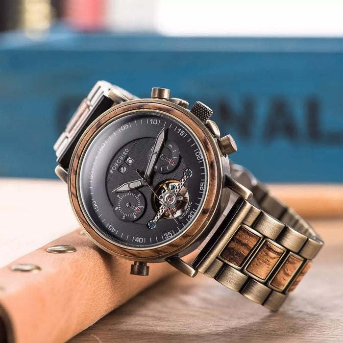 BoBo Bird Men’s Mechanical Wooden Watches Zebrawood – Aviator GT037-2A