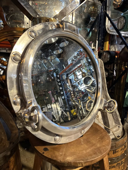 Mirrored Ships Porthole 53cm Wide With 2 Dog/keys Backed With Wooden Plinth