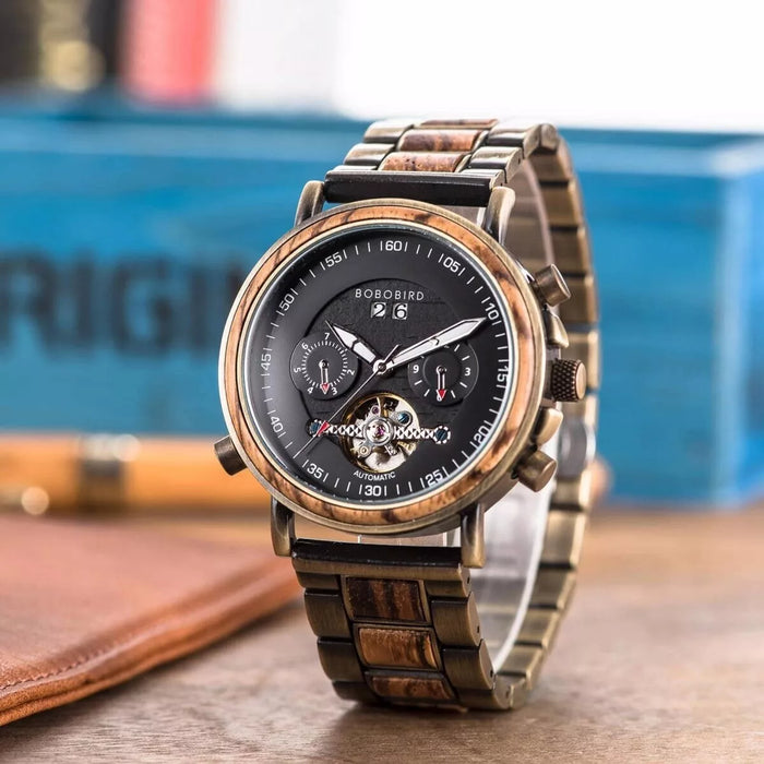 BoBo Bird Men’s Mechanical Wooden Watches Zebrawood – Aviator GT037-2A