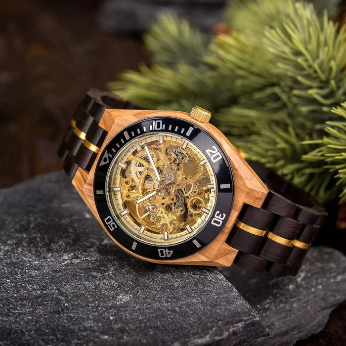 BOBO BIRD Skeleton Mechanical Wooden Watch Ebony Black GT102-2A Rasalas