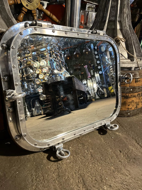 Aluminum Porthole Mirror With 4 Dogs/keys Opening Backed With Wood