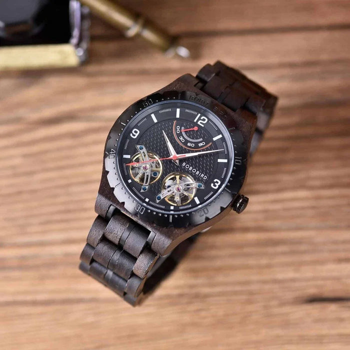 BoBoBird Handmade Mens Gemini Automatic Movement Black Sandalwood GT018-1A
