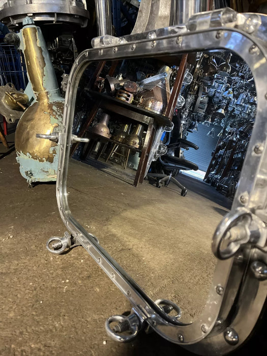 Aluminum Porthole Mirror With 4 Dogs/keys Opening Backed With Wood