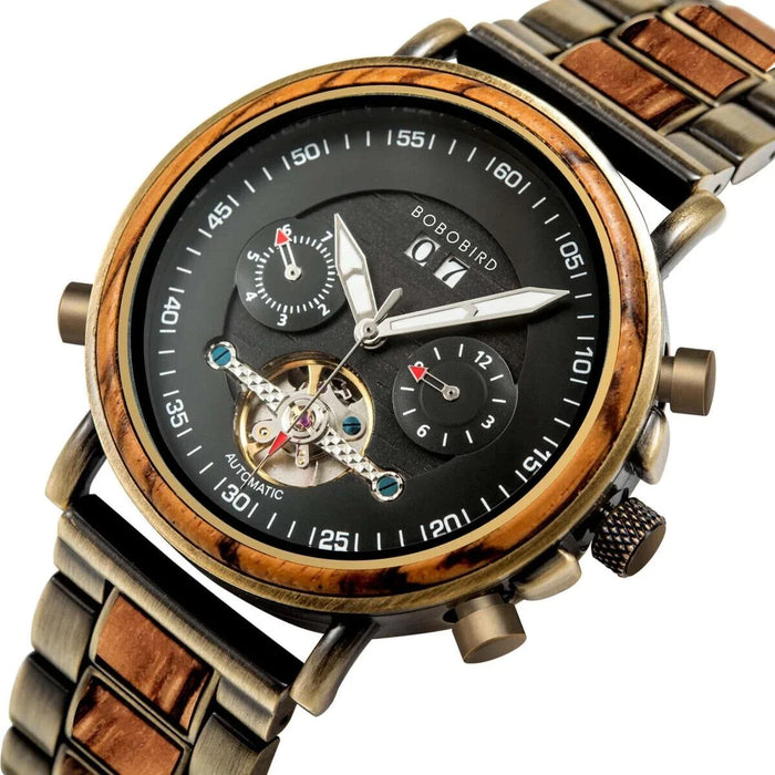 BOBO BIRD Men’s Mechanical Wooden Watches Zebrawood – Aviator GT038-2A