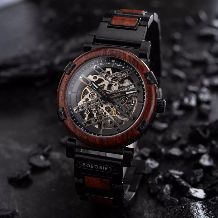BOBO BIRD Skeleton Automatic Mechanical Men’s Wooden Watch Rosewood GT104-3A