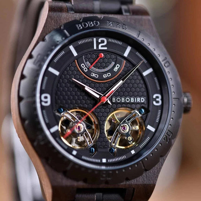 BoBoBird Handmade Mens Gemini Automatic Movement Black Sandalwood GT018-1A