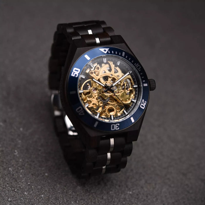 BOBO BIRD Skeleton Mechanical Wooden Watch Ebony Blue – Tureis GT102-1A
