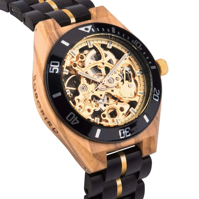BOBO BIRD Skeleton Mechanical Wooden Watch Ebony Black GT102-2A Rasalas