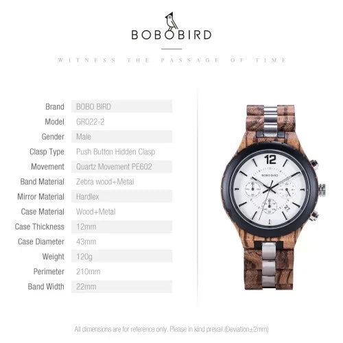 BOBO BIRD Men’s Wooden Luxury Stylish Watch Military Quartz Chronograph GR022-12A