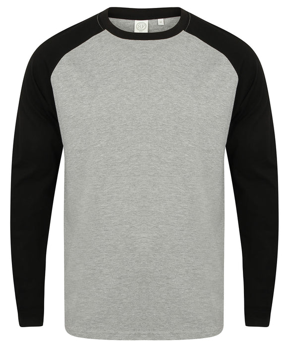 SF Clothing SF271 Long Sleeve Baseball T-Shirt in Heather Grey/Black - front view